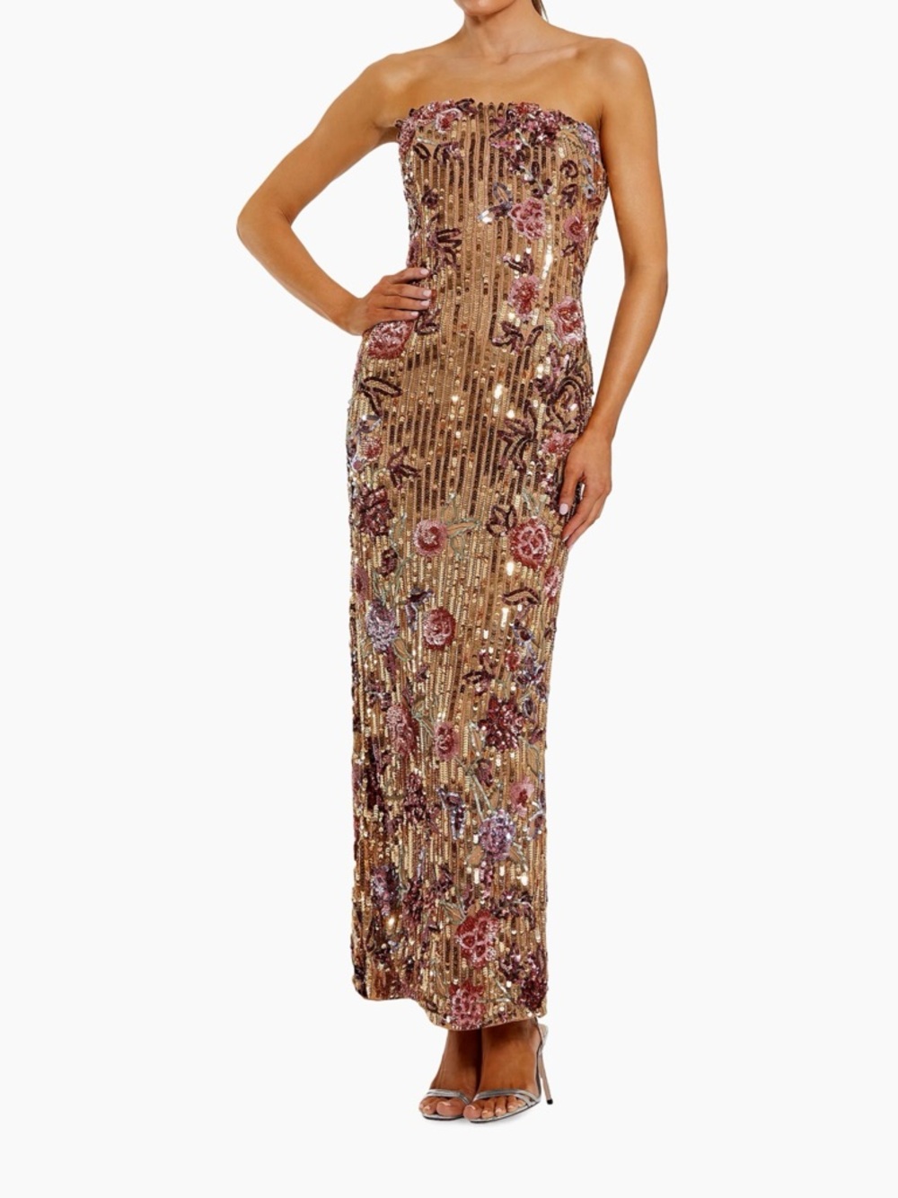 Mac Duggal Strapless Gold Sequin Gown with Pink Floral Embroidery